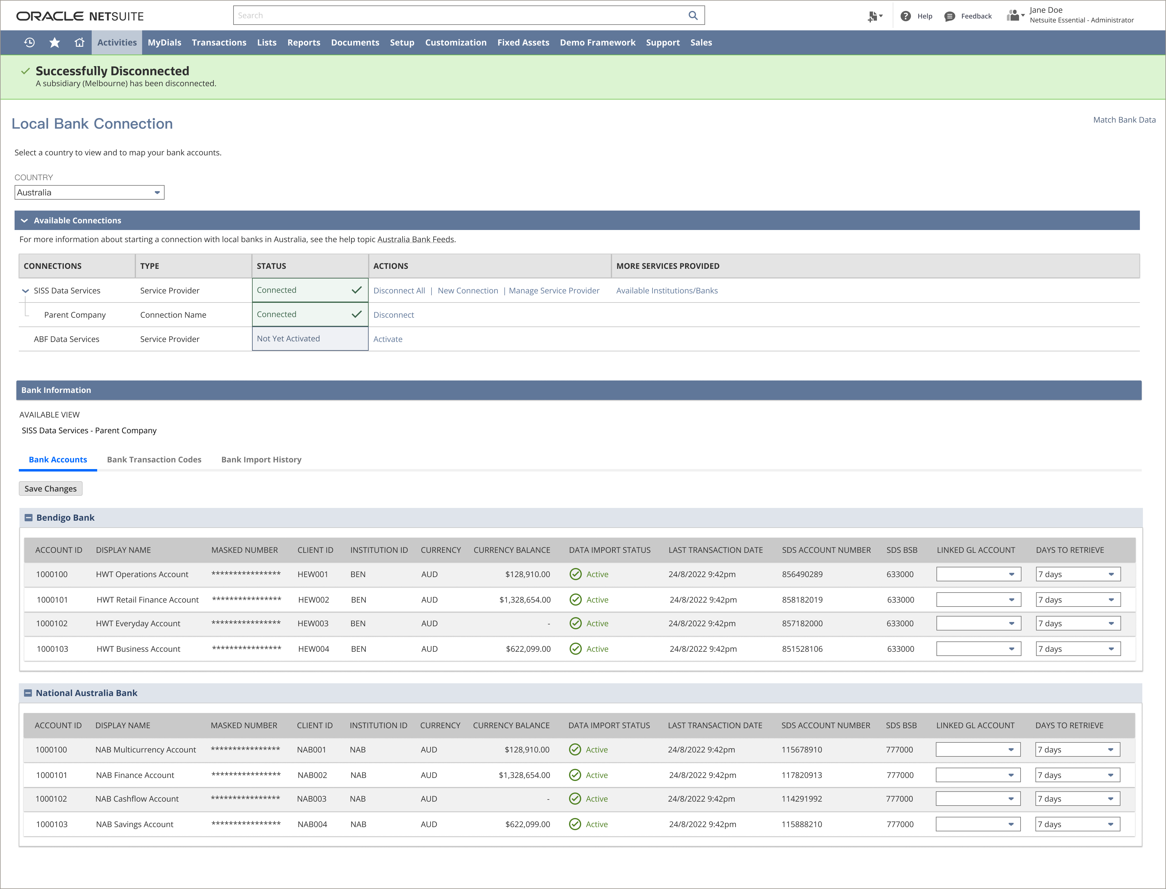 Australia Bank Feeds: SISS connection status, activation controls, and imported accounts in NetSuite