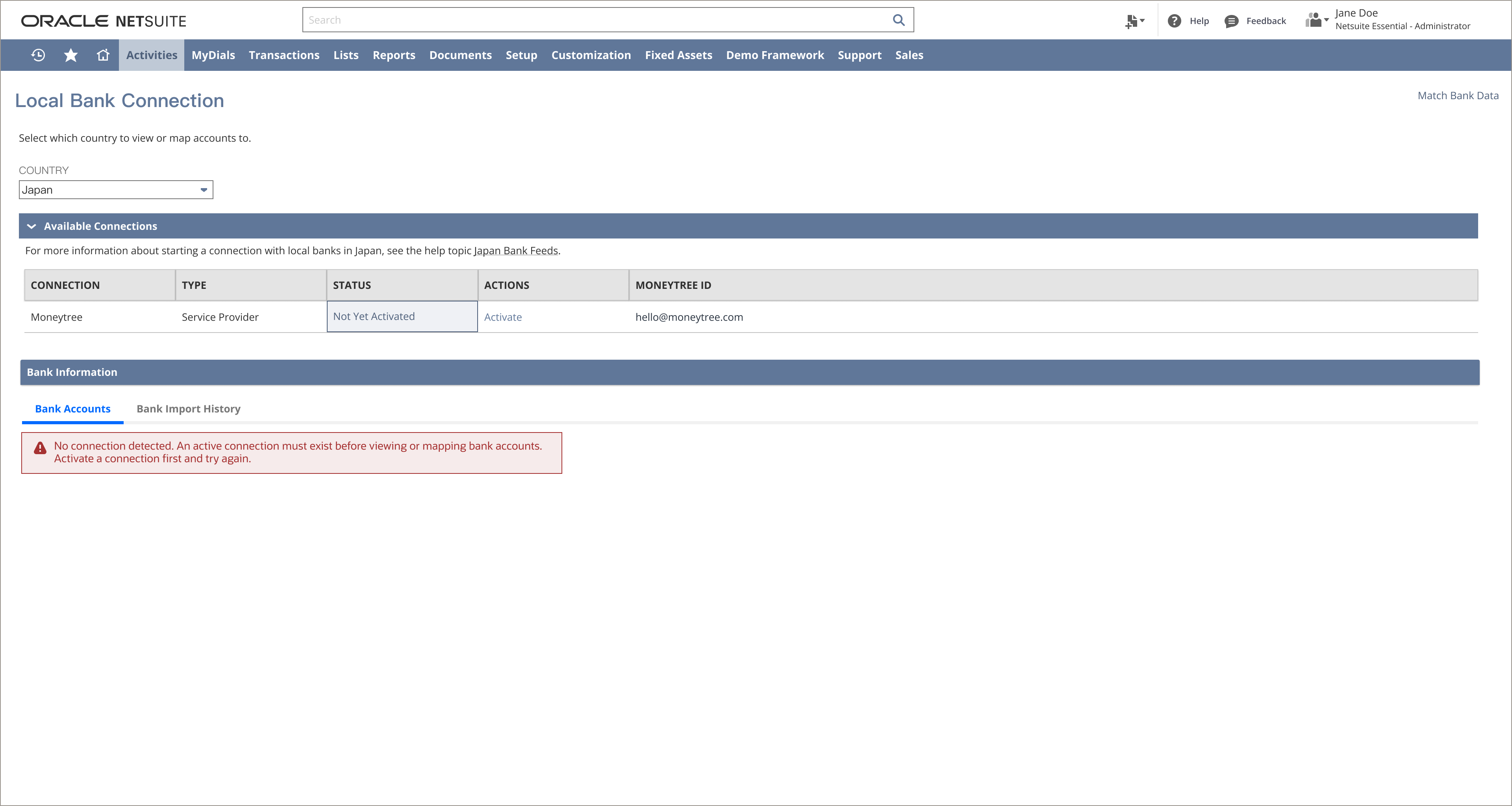 Japan Bank Feeds: Moneytree ID connection state and activation prompt