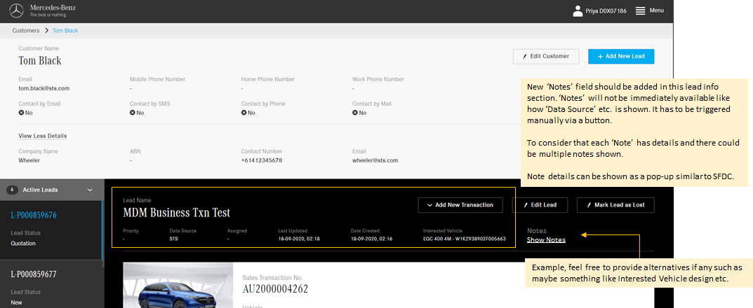 Annotated customer lead page showing a proposed notes field and detail treatment