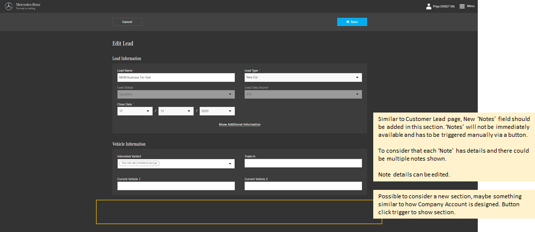 Annotated edit lead screen showing a proposed notes field and detail treatment