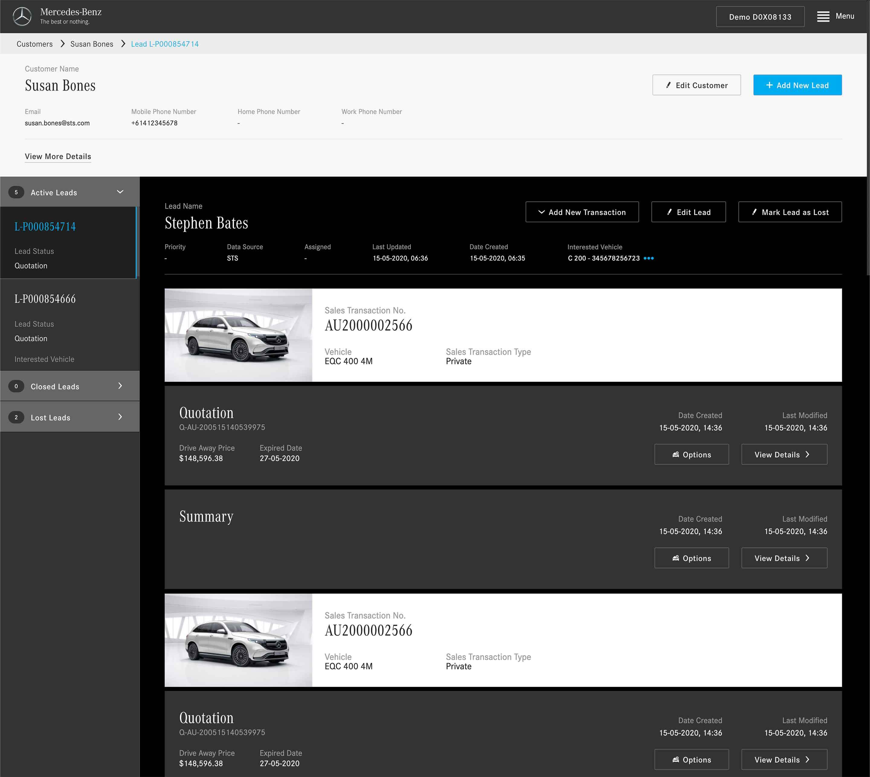 Sales Transaction System screen showing customer details, active leads, interested vehicle, quotation, and transaction actions